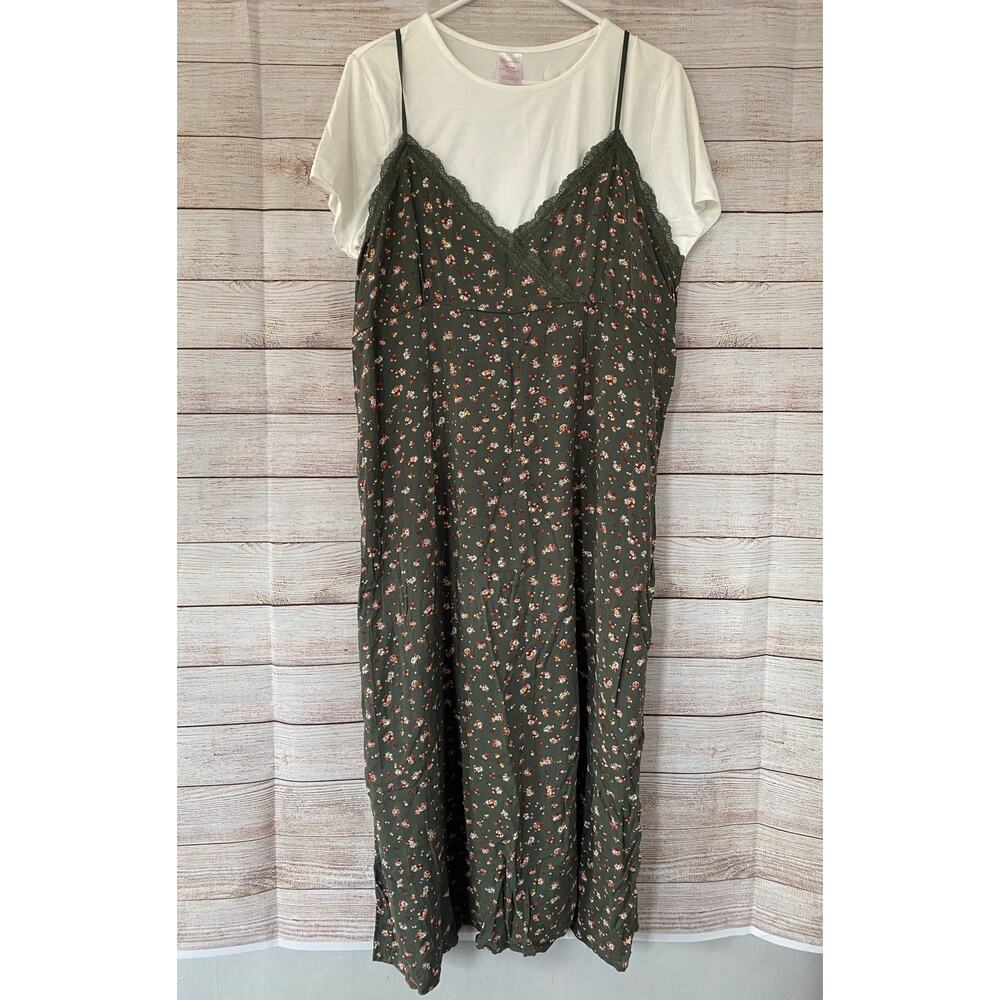No Boundaries Juniors Retro Floral Grunge Overall Dress & Tee Shirt XXL 19 NWT